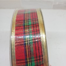 Christmas Tartan Plaid Wired Ribbon 125' x 1.25" Polyester Metallic Gold Edges