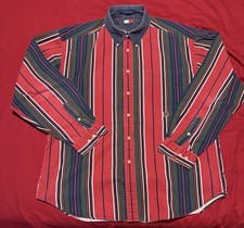 VTG 90s Tommy Hilfiger Lion Crest Striped Shirt XL Contrast Collar Distressed