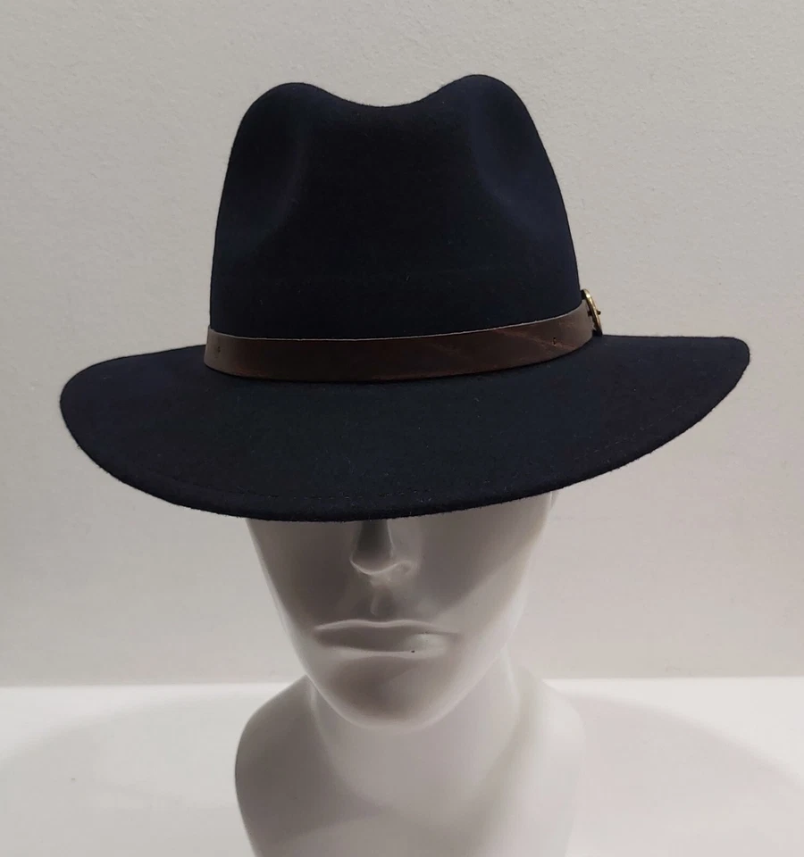 Chapeau Indiana Jones Casual Feutre Laine Bleu Ceinture Fine Cuir Made IN Italy - Photo 2/4