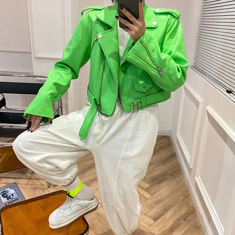 Neon Green Faux Leather Stylish Biker Jacket Streetwear Motorcycle