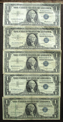 LOT FIVE $1 DOLLAR 1957 SILVER CERTIFICATE UNITED STATES NOTES WASHINGTON (A)