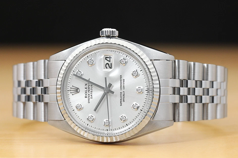 MENS ROLEX DATEJUST 18K WHITE GOLD & STAINLESS STEEL SILVER DIAMOND DIAL WATCH - image 3 of 4