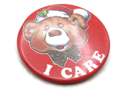 Vintage 80s I Care Teddy Bear Pinback Button Christmas Santa Hat Holiday Pin Red