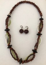BOHO Faux Wood  Seed Bead Twist Necklace Green, White, Clear Accents  Earrings