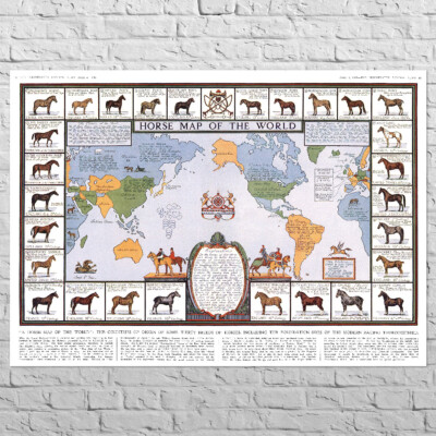 Horse Map of The World, 1934 | 30x21'' Mid size |  Old retro art for ranch, farm