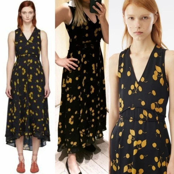 Philip Lim Midi Dress 10 Black V Neck Cocktail Medium Split Neck Fun Lemon $795 - Image 2 of 4