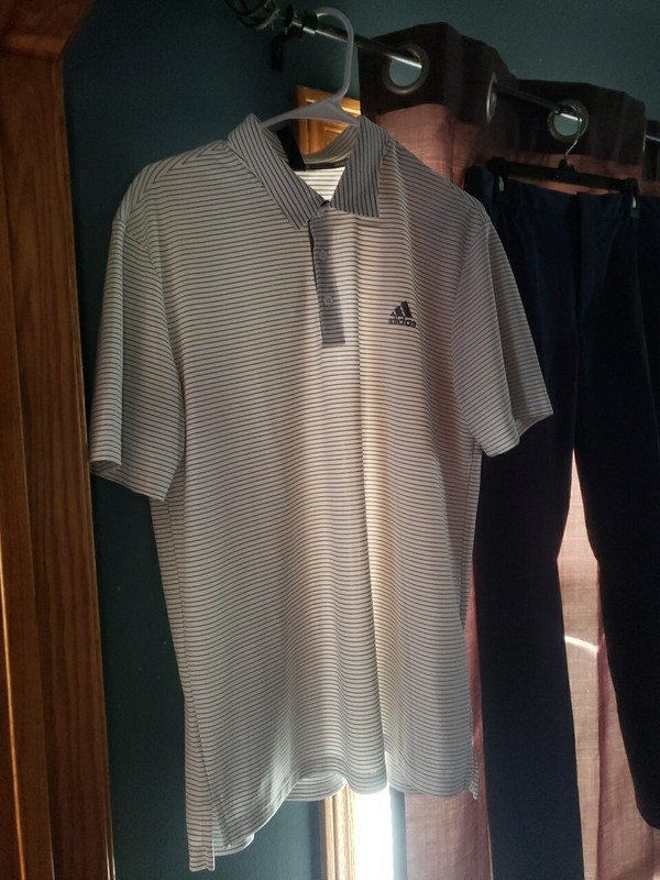 Mens Adidas Golf Polo White & Gray Striped Size Large!