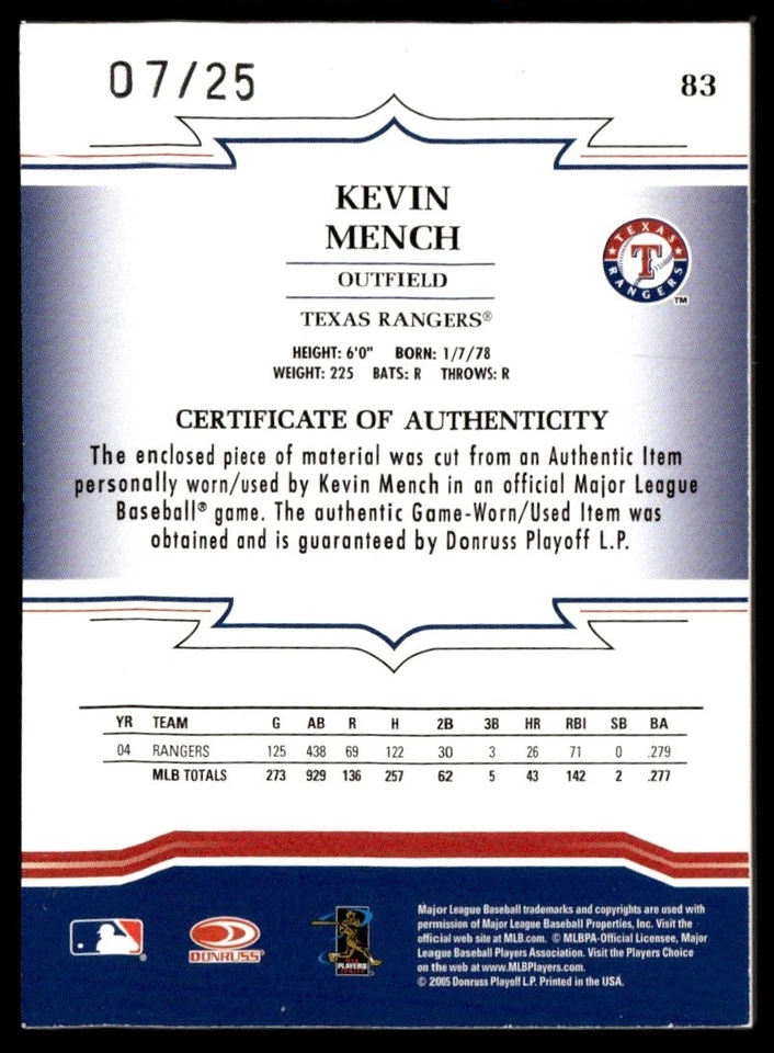 2005 Donruss Throwback Threads Material Prime Kevin Mench 07/25 Texas Rangers - Image 2 of 2