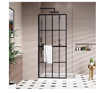 Goodyo Shower Door Tempered Glass Shower Screen 16 Grid Style with Towel Rack