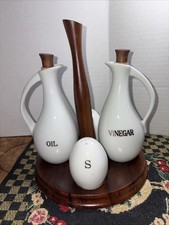 Vintage MCM Cruet Set Oil Vinegar Salt Pepper With Wooden Base Japan