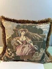 Sherry Kline French Country Woman With Sheep Tapestry Pillow 18 x 18
