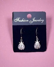 1.1/8" Long Dainty Lady Bug Shell Sterling Silver Ear Wires Earrings