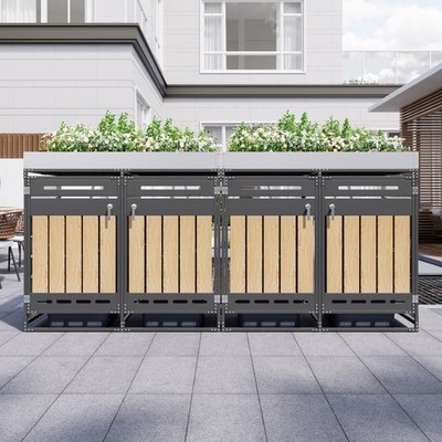 Mülltonnenbox 4er 240L Metall Holzoptik Pflanzdach Mülltonnenverkleidung Schwarz