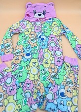 Care Bears Girls One Piece Pajamas Hooded Union Suit Size 7-8 New
