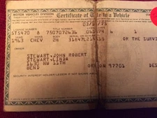 Vintage Historical Oregon Title 1963 Chevrolet Impala 2dr Hardtop Document