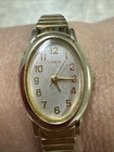 Watch-Vintage Women’s TIMEX QUARTZ GOLD TONE STRETCH BRACELET NEEDS BATTERY