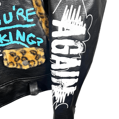 Rebel Minds Men's Graffiti Black Faux Leather Leopard Collar Moto Jacket Large - Picture 5 of 16