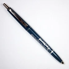 Vintage SCRIPTO Ballpoint Pen: Teal Plastic, Chrome w/Advertising