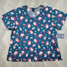 NWT Women's 2XL Jolly Santa Presents AOP V-Neck Top Medical Scrubs