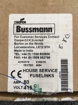 COOPER BUSSMANN HOUSE SERVICE FUSE LINKS. 100AMP 415VOLT