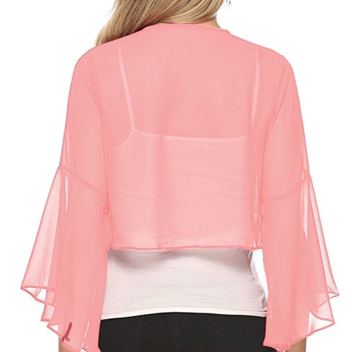 Women Chiffon 3/4 Bell Sleeve Open Front Sheer Shrug Bolero Cardigan Crop Tops - Picture 38 of 38