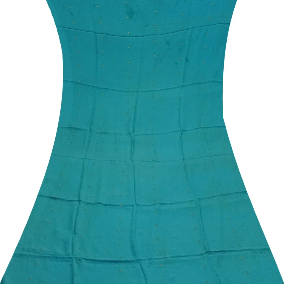 Vintage Blue 100% Pure Crepe Silk Zari Butta Sari Remnant 4YD Craft Fabric Scrap - Image 2 of 4