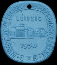 KOLEJ: Porcelanowy medal 1958, niebieski. CEH ROZKŁAD JAZDY KONFERENCJA LEIPZIG