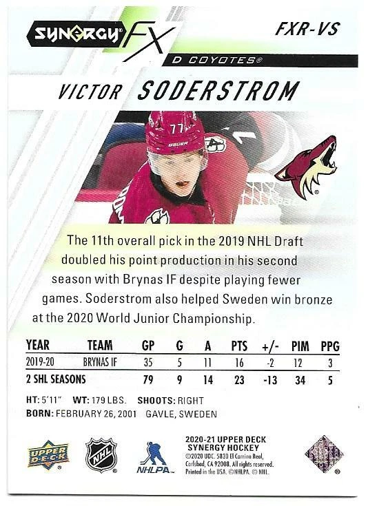 2020-21 Upper Deck Synergy VICTOR SODERSTROM #FXR-VS FX Rookie 187/749 - Image 2 of 2
