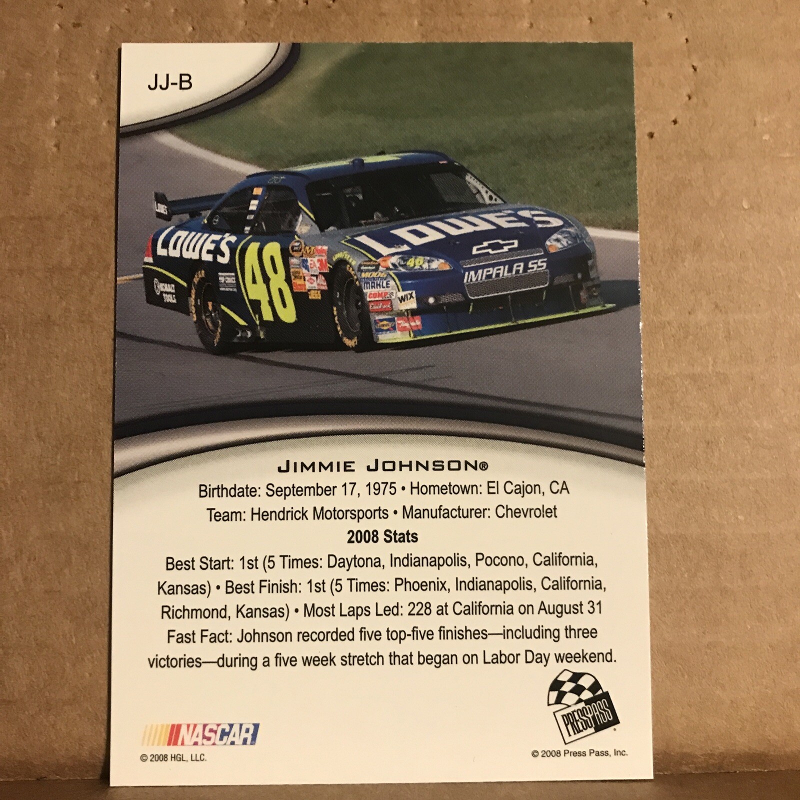 Jimmy Johnson Rookie Card Jimmie Johnson 2009 Press Pass Nascar Sprint Cup Series Card #JJ-B ...