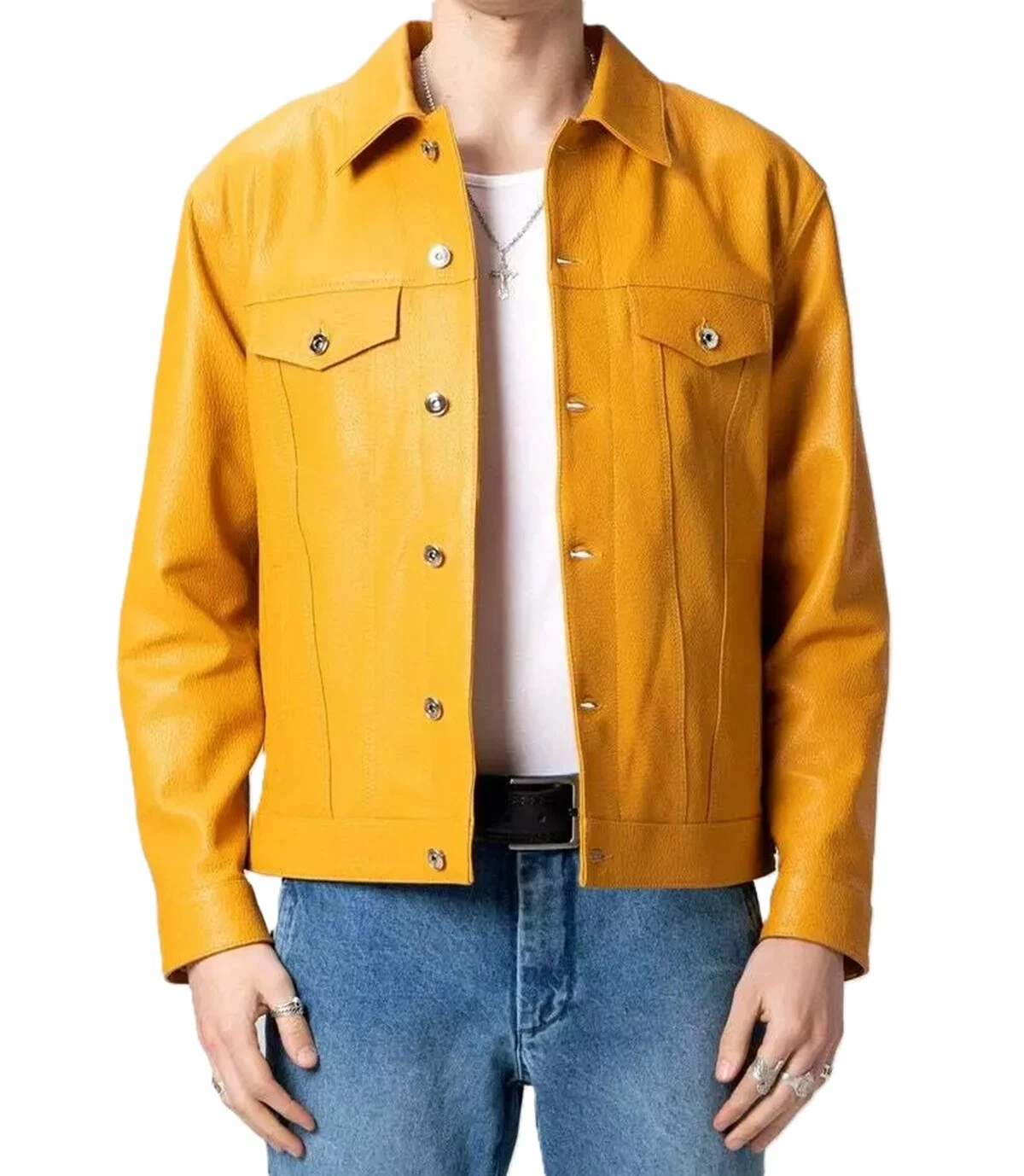 Men's Yellow Leather Trucker Jacket 100% Real Lambskin Denim Style Soft Jacket