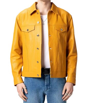 Men's Yellow Leather Trucker Jacket 100% Real Lambskin Denim Style