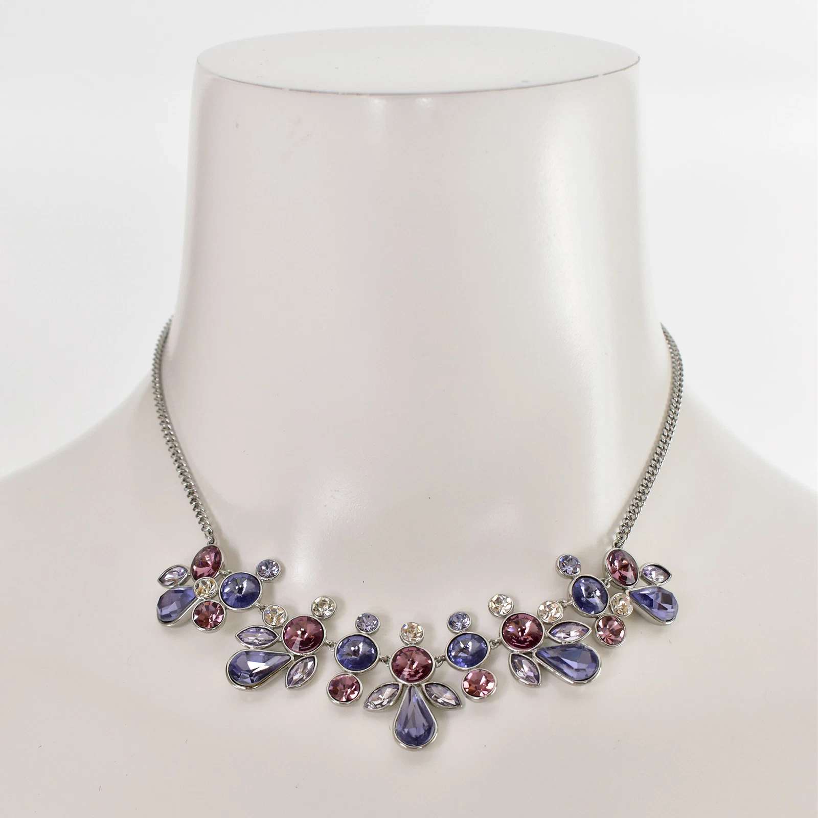 Collana nuova $125 GIVENCHY lilla viola rosa cristallo dichiarazione tono argento