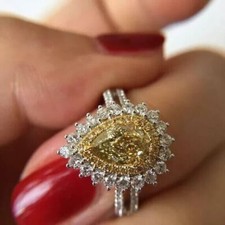 Teardrop 2Ct Pear Cut Created Yellow Citrine Bridal Ring 14K White Gold Plated