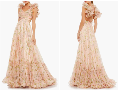 white christmas dresses Pink Ruffle Tiered Floral Cut-Out Chiffon Gown main image 0