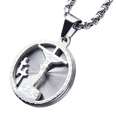 Mens Silver Plated Stainless Steel Jesus Cross Medallion 24