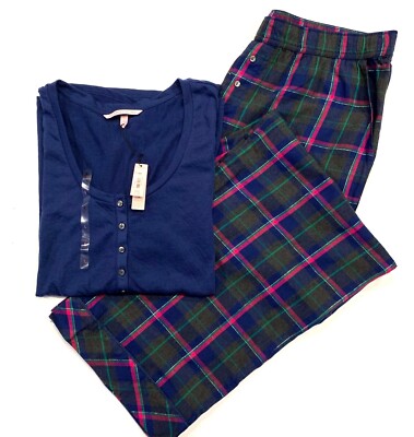 Victorias Secret Pajama Set L/S Henley Top Blue Dreamer Plaid