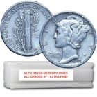ROLL OF 50 MIXED  MERCURY SILVER DIMES XF EXTRA FINE!