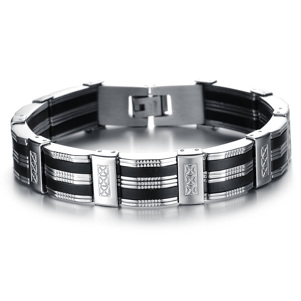 Men's Black Silver Tone Silicone Rubber Stainless Steel Bracelet Chain Wristband-animated-img