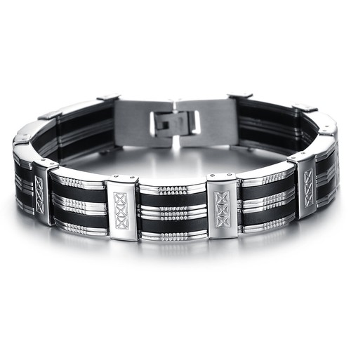 Men's Black Silver Tone Silicone Rubber Stainless Steel Bracelet Chain Wristband - Picture 1 of 6