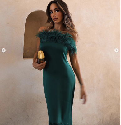 zara green dress with feathers LAPOINTE Women's Feather-Cuff Satin Shift Minidress - Teal main image 0