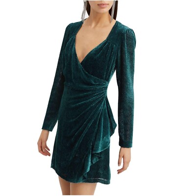 Intermix 6 Dress Brooke Green Velvet Burnout Faux Wrap Drape Short Long  Sleeve S | eBay