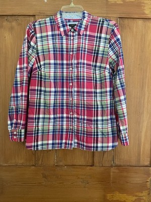 Talbots Petites Cotton Plaid Red Pink Blue Shirt Top MP Long Sleeves