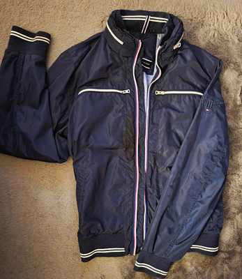 Tommy Hilfiger Herren Bomberjacke Blau Gr. XL Stehkragen Zip Taschen Logo