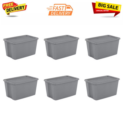 Sterilite 30 Gal Stackable Plastic Storage Bin Tote, Gray Latching Lid, 6 Pack