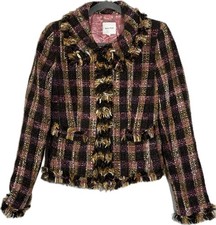 Walter Baker Vintage Tweed Jacket Size 4 Pink Brown Fringe Trim Silk Lined Wool