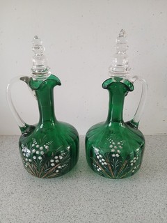 Pair Of Antique Bohemian Green Glass Decanters Lily Of The Valley With Stoppers