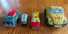 Vintage Japan And Taiwan Tin Litho Friction Toy Car Lot of 4,Bus,Gas,Work  Taxi