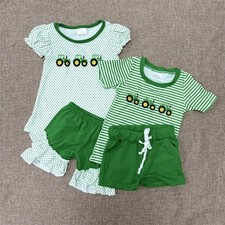 Baby Sibling Summer Wear Embroidery Tractors Short Sleeve Top Shorts Outfit