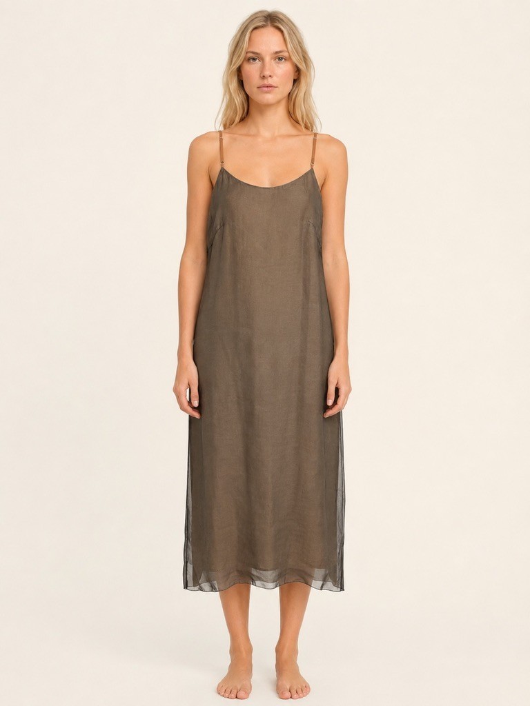 BIYAN Silk Slip Dress Women size Small Black Sheer Overlay Spaghetti Strap Midi