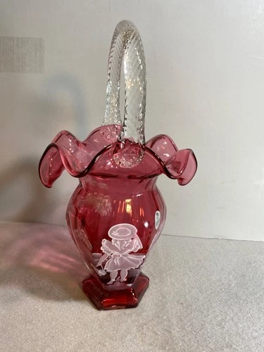 Fenton Mary Gregory Cranberry Glass Basket "Girl with Basket " 2001 Ltd. Edition